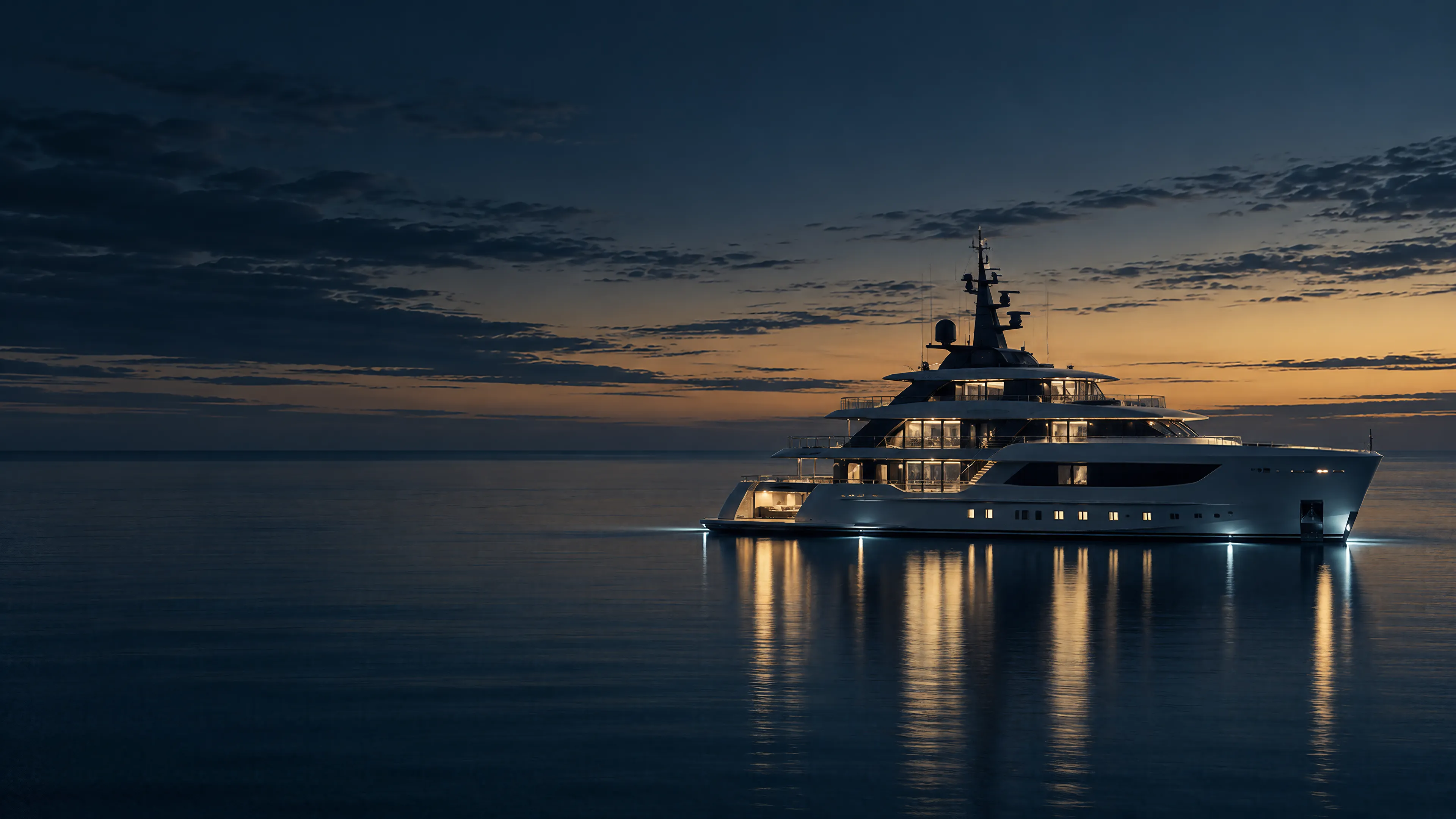 Private superyacht at blue hour on calm open water