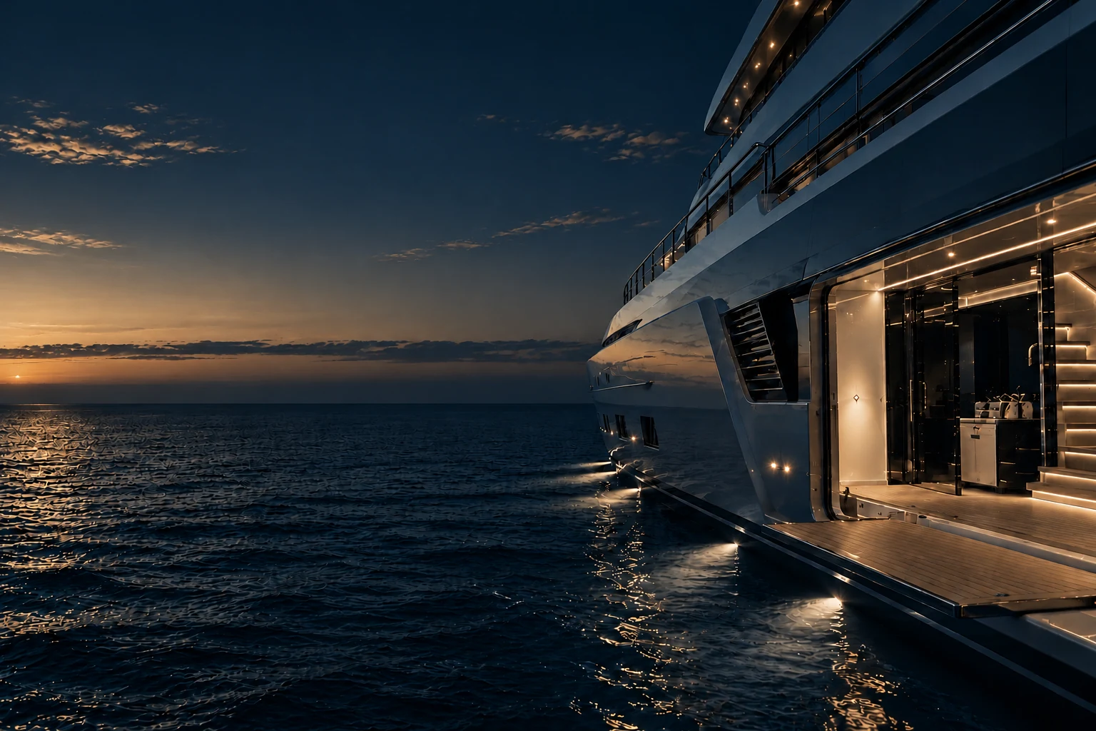 Aft quarter and structural detail of a private superyacht at twilight