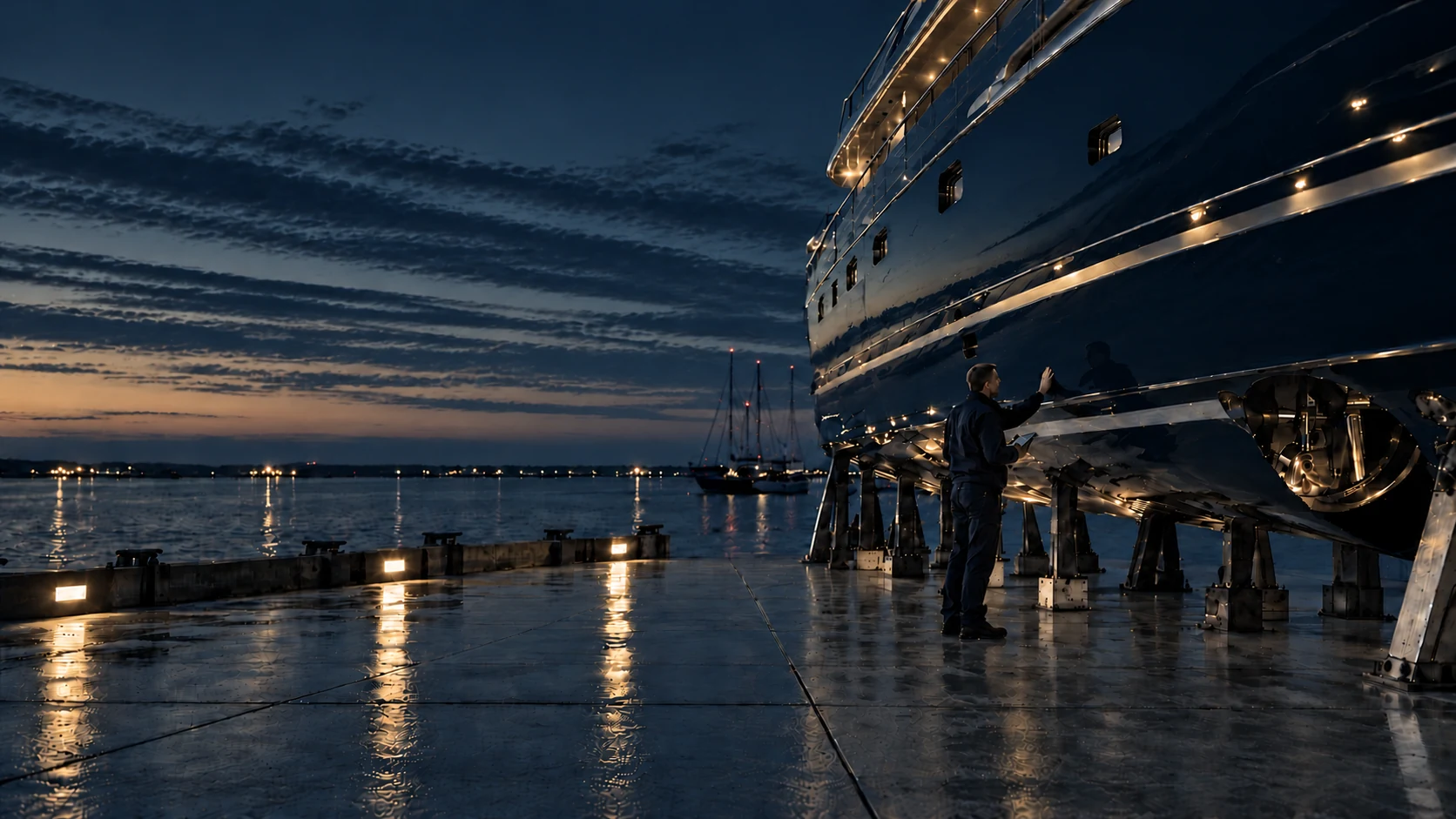 Marine surveyor inspecting the hull of a superyacht on dry dock