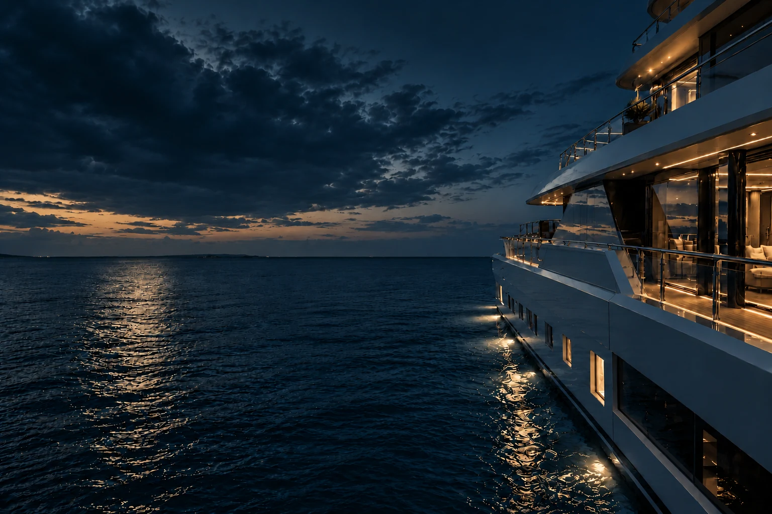 Architecture and enclosed decks of a superyacht on calm evening water